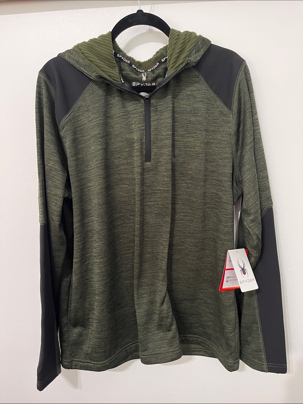 Spyder Men's Olive Green and Black Hooded Performance Half-Zip